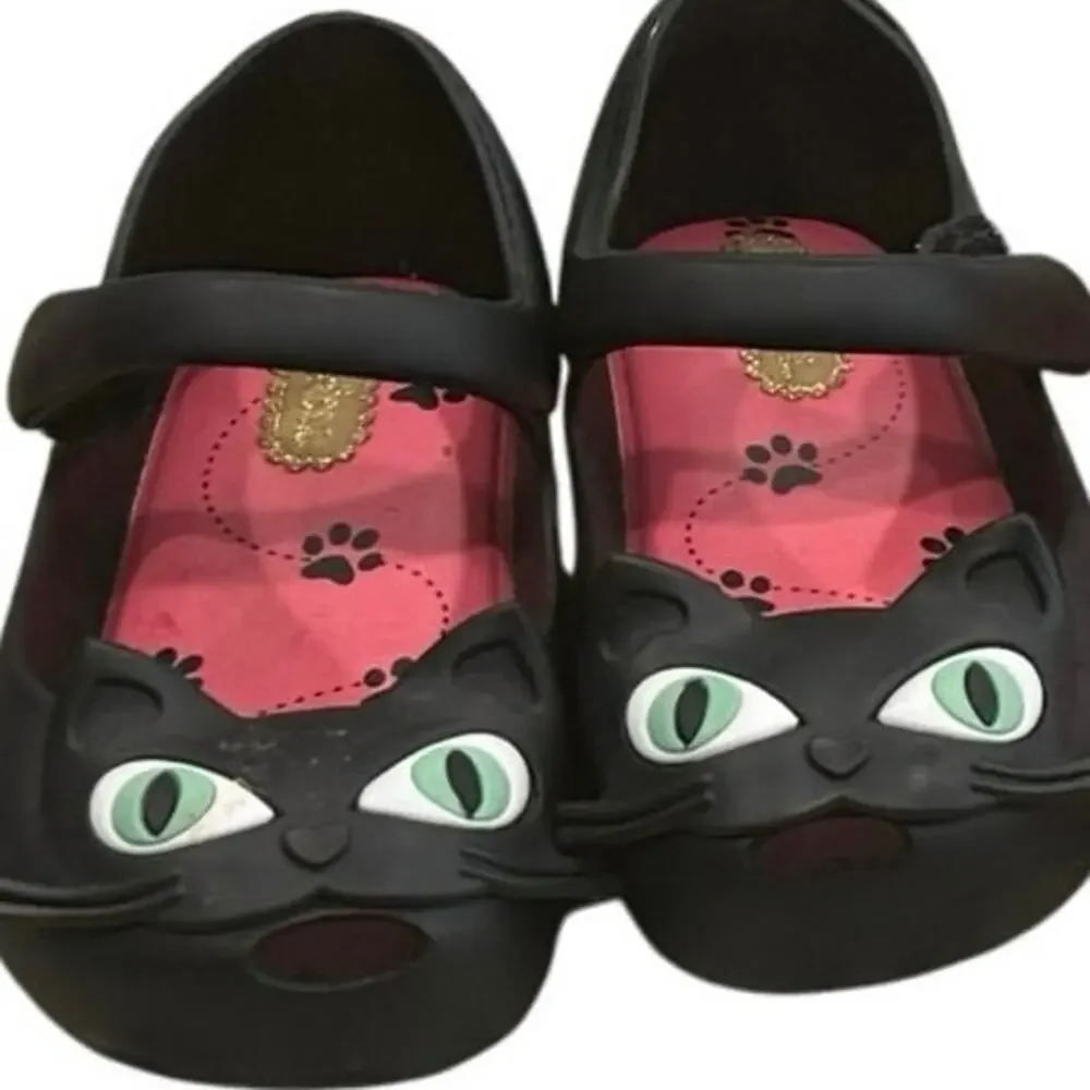 Mini Melissa Black Cat Mary Jane Shoes Toddler Size 7C Kitty Ballet Flats